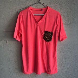 Women’s Bright coral T shirt leopard pocket!